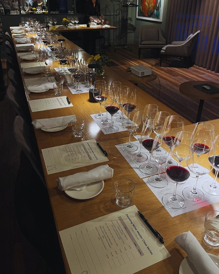 A table setting of wine glasses to be used in a wine class.