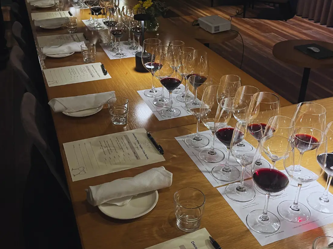 A table setting of wine glasses to be used in a wine class. 