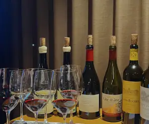 Wine glasses and wine bottles setup for a tasting at Cree Wine. 